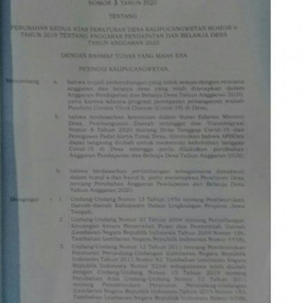 PERDES NO 3 TAHUN 2020 TENTANG PERUBAHAN KEDUA ATAS PERDES NO 6 TAHUN 2019 TENTANG APBDES TAHUN 2020